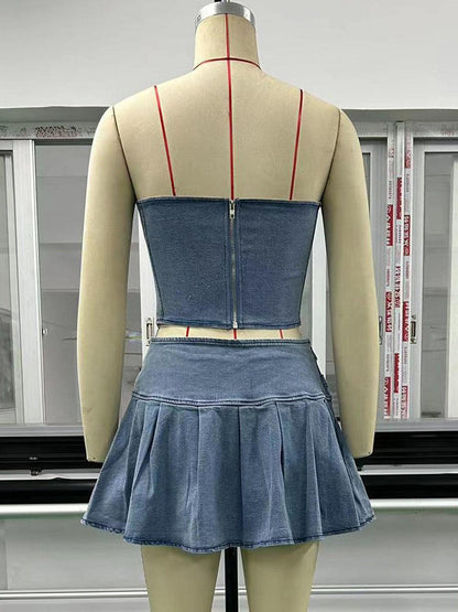 Crop Denim Tube Top & High Waist Split Skirt