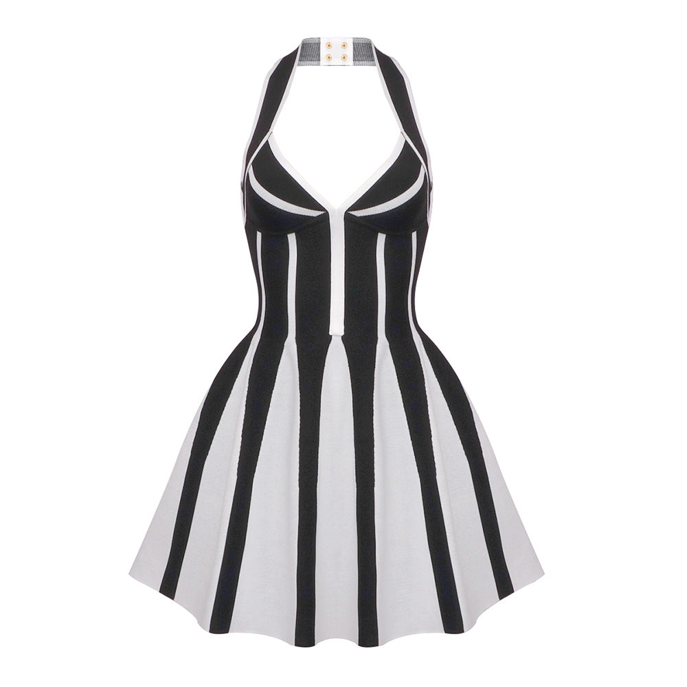 Halter Deep V Vertical Striped Knit Fit and Flare Mini Dress