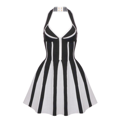 Halter Deep V Vertical Striped Knit Fit and Flare Mini Dress