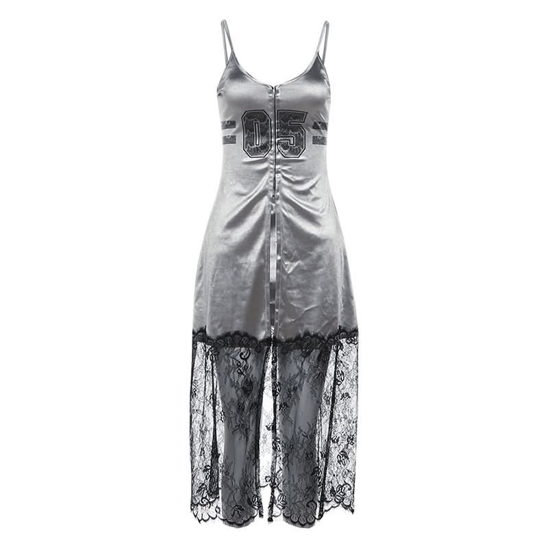 U neck button high slit lace hem patchwork cami top