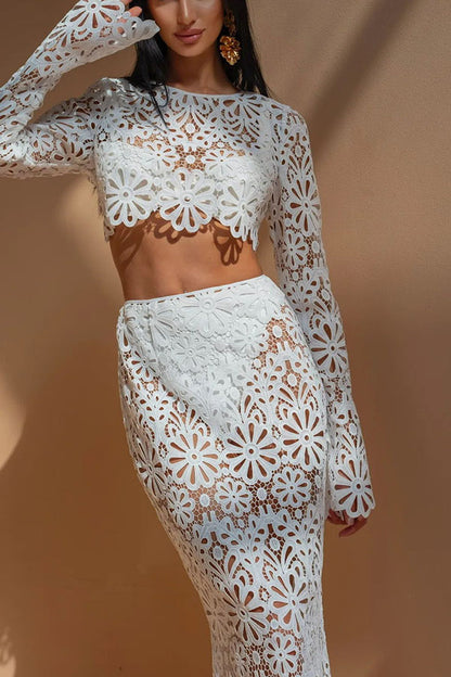 Balmy Summers Crochet Lace Floral Pattern Long Sleeve Crop Vacation Top