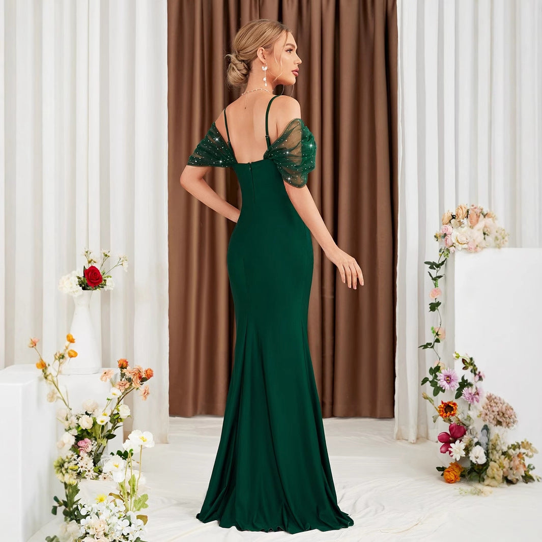 Off-Shoulder Sweetheart Ruched Mesh Insert High Slit Mermaid Gown