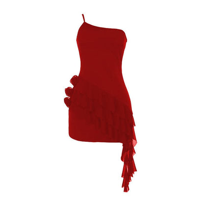 One shoulder ruffle flower applique mini dress