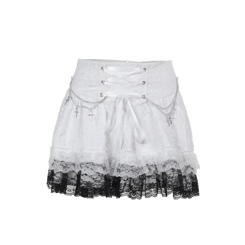 Lace up metal chain lace hem mini skirt