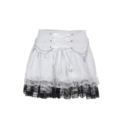 Lace up metal chain lace hem mini skirt