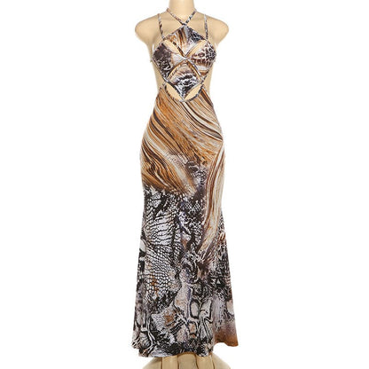 Hollow out snakeskin print halter self tie cut out maxi dress