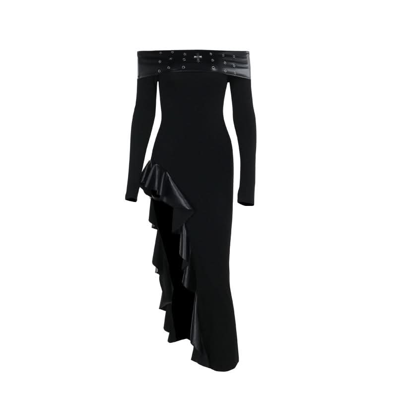 Off shoulder long sleeve PU leather slit ruffle maxi dress