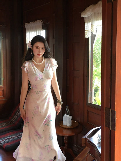 French Romantic Floral Maxi Dress Elegant Long Gown for Spring 2025 gunne sax vintage dress