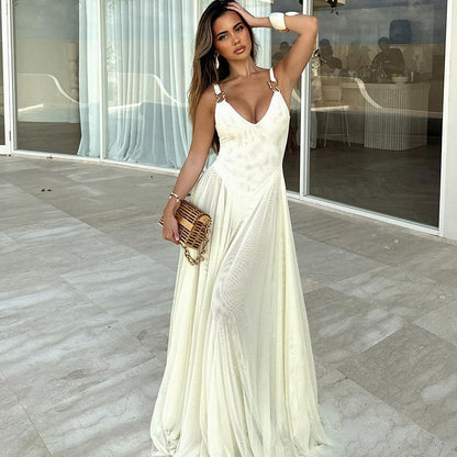 Ring Strap Deep V Neck Pleated Backless Maxi Dress