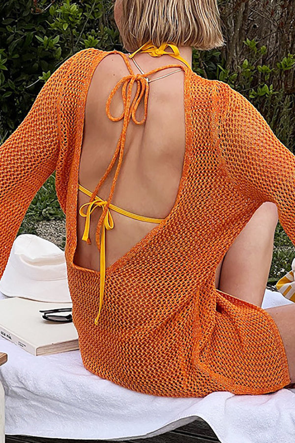 Knitted Dolman Sleeves Cutout Crew Neck Tie Backless Cover Up