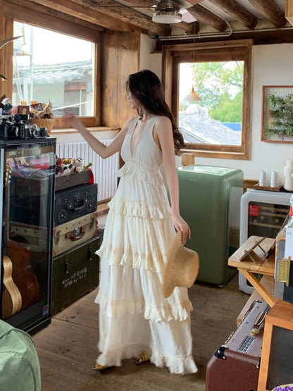 French Soft Ruffle Tiered Maxi Dress Elegant Cotton Linen Vacation Gown for Summer gunne sax vintage dress