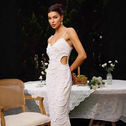 Pearl Embellished Strapless Bandage Prom Dress