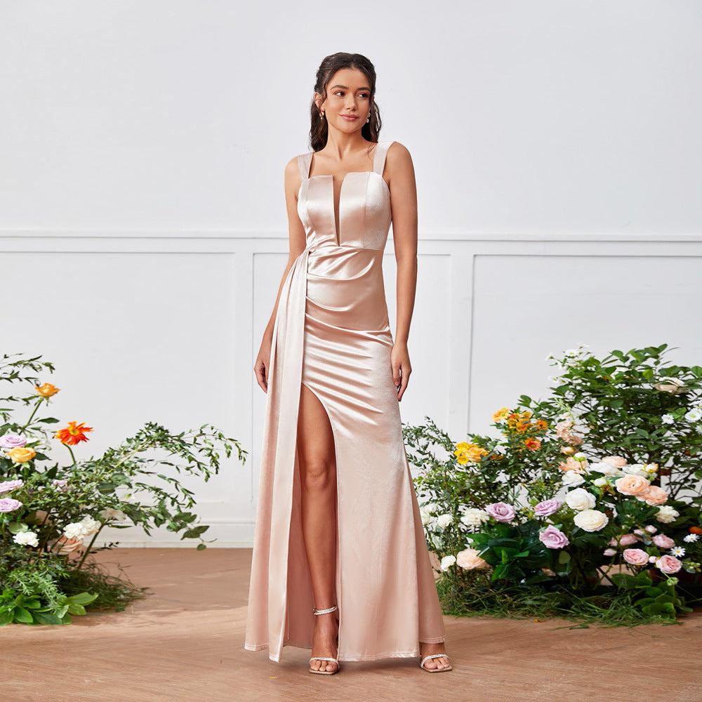 Square Neck Vertical Cutout Ruched Satin High Slit Drape Panel Maxi Gown