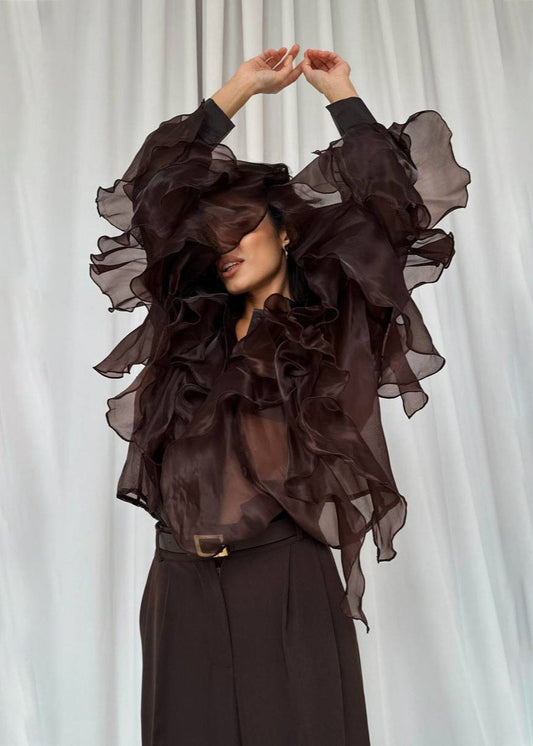 Midnight Whispers Ruffle Blouse – Sheer Organza Statement Sleeves