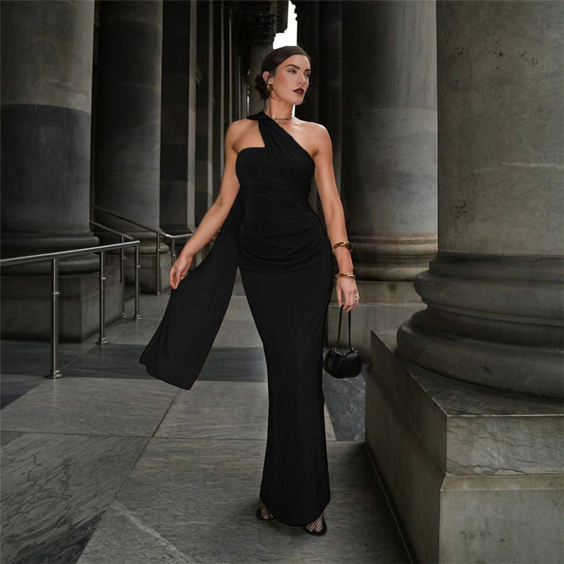 Asymmetric Ruched Metallic Scarf-Tie Halter Column Maxi Gown