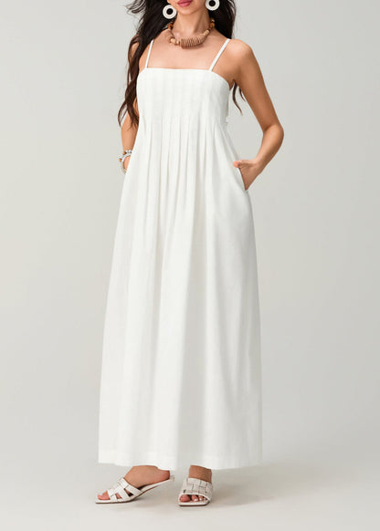 Linen Essence - White Pleated Maxi Sundress