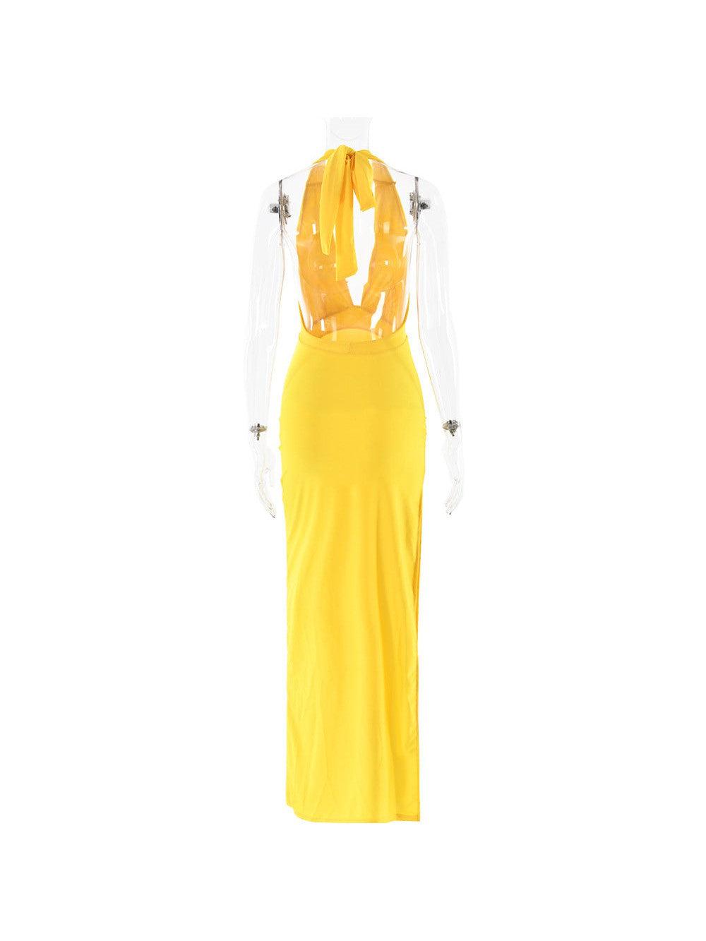 V Halter Neck Backless Split Dress