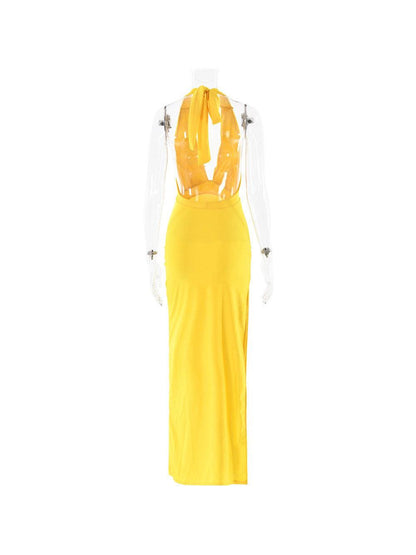 V Halter Neck Backless Split Dress