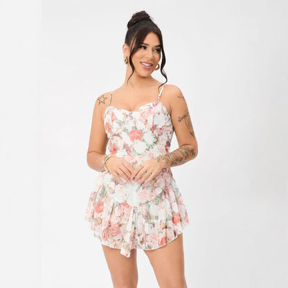 Sweetheart Corset Spaghetti Strap Floral Print Tiered Ruffle Mini Dress