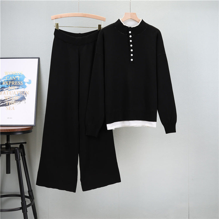 Black - Fashionable Loose Tweed-Style Two Piece Set