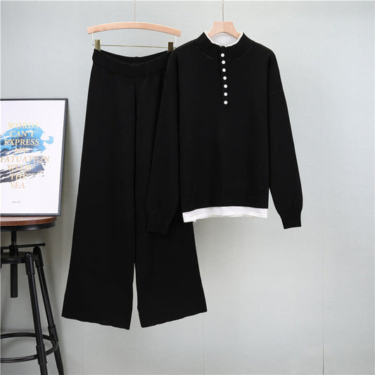 Black - Fashionable Loose Tweed-Style Two Piece Set