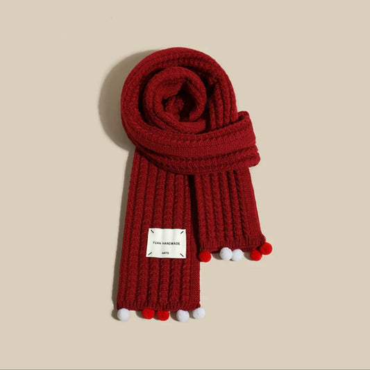 Solid Pompom Knit Scarf