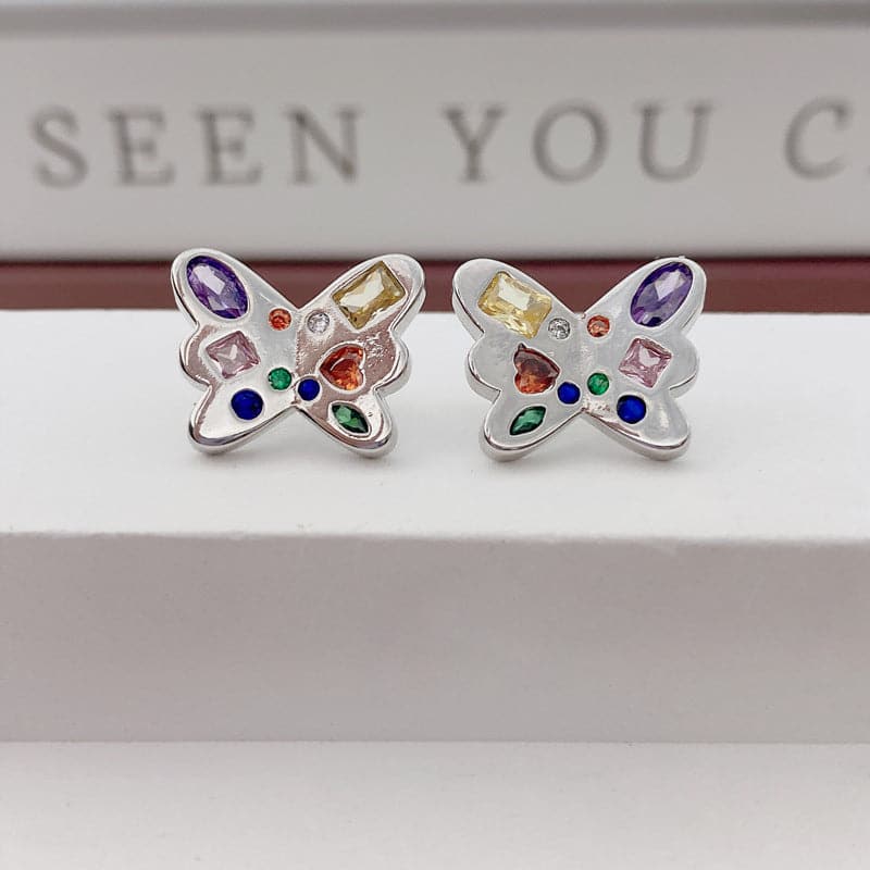 Multicolor rhinestone butterfly stud earrings