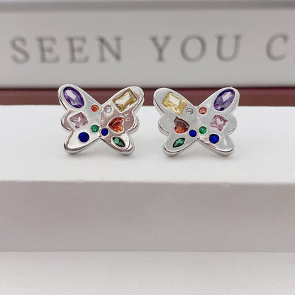 Multicolor rhinestone butterfly stud earrings