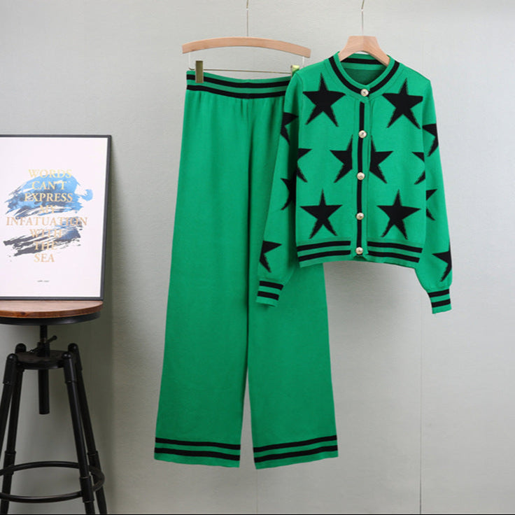 Green - Round Neck Knitted Cardigan Two Piece Set