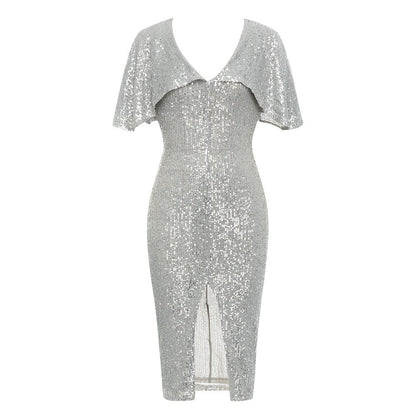 Sequin Flutter Sleeve Deep V-Neck Front Slit Bodycon Midi Dress