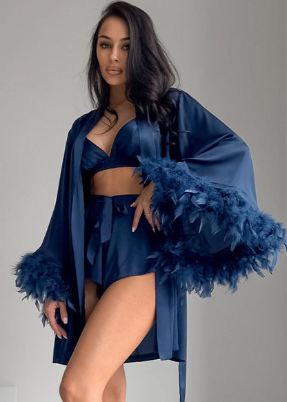 Feather Trim Satin Loungewear Set