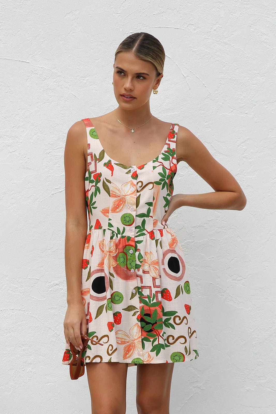 Fruit Print Scoop Neck Button Front Fit and Flare Mini Dress