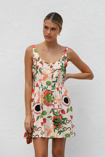 Fruit Print Scoop Neck Button Front Fit and Flare Mini Dress