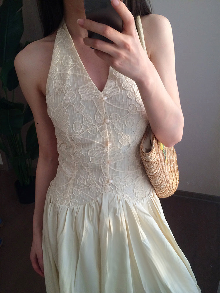 Timeless Lace Halter V-Neck Dress Romantic Backless Vacation Gown