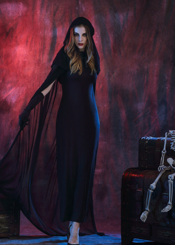 Gothic Witch Costume - Long Black Hooded Dress with Sheer Cape