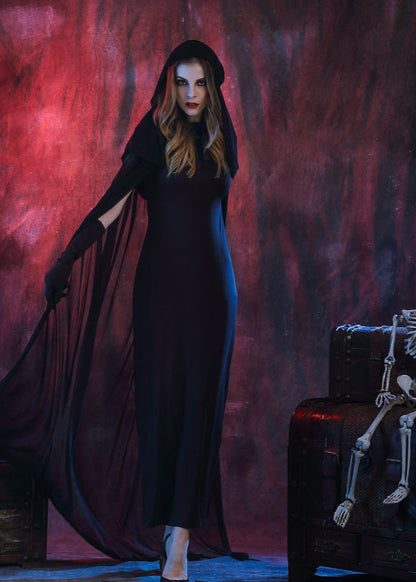 Gothic Witch Costume - Long Black Hooded Dress with Sheer Cape