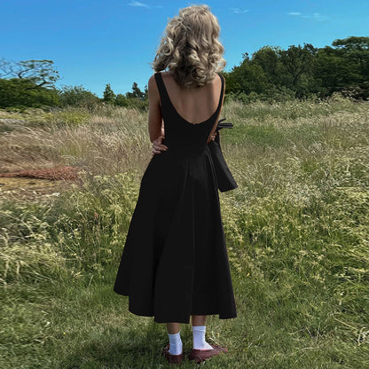 Boat Neck Sleeveless Fitted Waist Flared Gathered Midi Dress