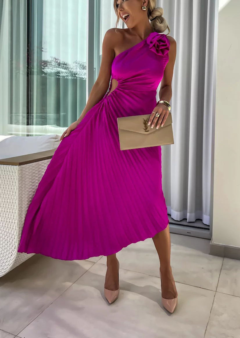 Romantic Nights Satin Raised Flower Elastic Cutout One Shoulder Pleated Maxi Dress