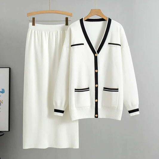 White - Loose Sweater & Midi Skirt Two Piece Set