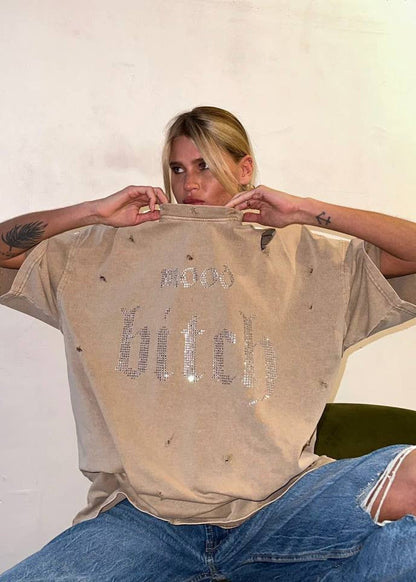 Distressed Rhinestone Graphic Oversized Tee
