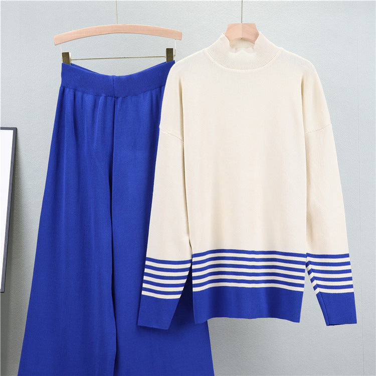 Blue - Striped Half-Turtleneck Sweater Two Piece Set
