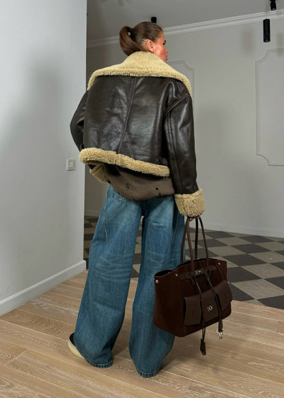 Shearling-Lined Leather Aviator Jacket