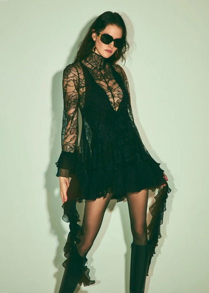 Sheer Lace Ruffle Mini Dress