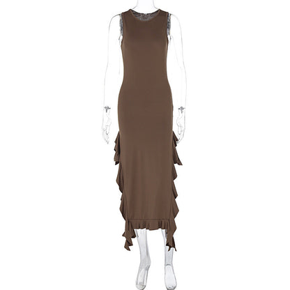 round Neck Flounce Slim Fit Slit Dress Girls