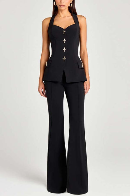 Women Power Metal Cross Snap Button Sweetheart Neck Wide Strap Vest