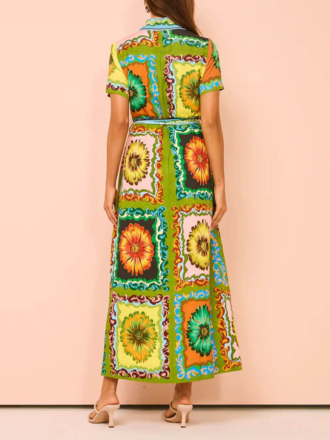 Sunflower Print Collared Button Front Tie Belt Midi Shirt Dress