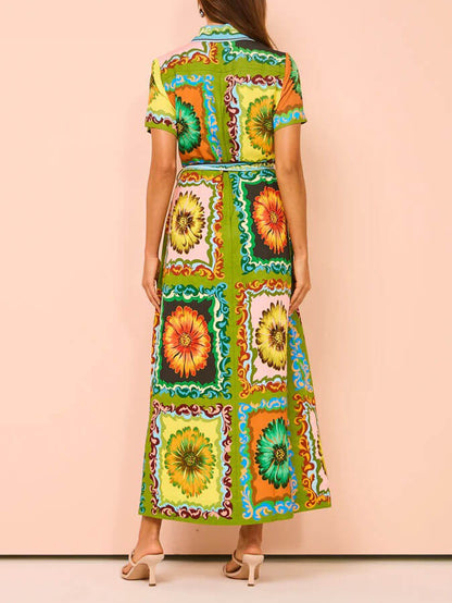 Sunflower Print Collared Button Front Tie Belt Midi Shirt Dress