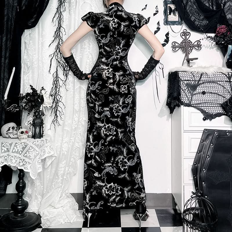 Cap sleeve flower pattern velvet button maxi dress