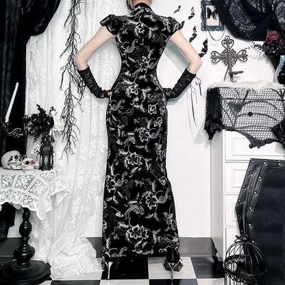 Cap sleeve flower pattern velvet button maxi dress