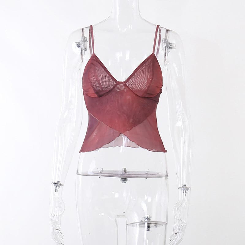 Ruffle v neck sheer mesh cross front print see through crop top